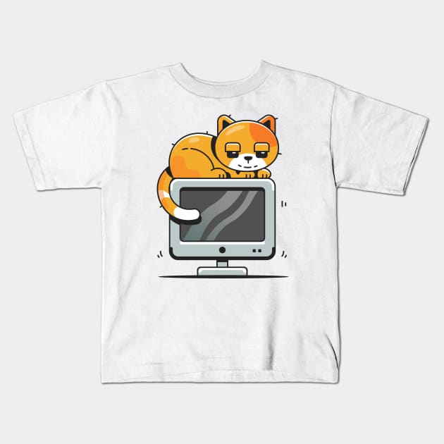 Cute Cat On Computer Cartoon Vector Icon Illustration Kids T-Shirt by Catalyst Labs